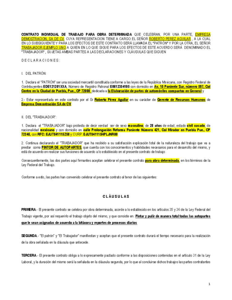 como llenar un contrato por obra determinada formato correcto