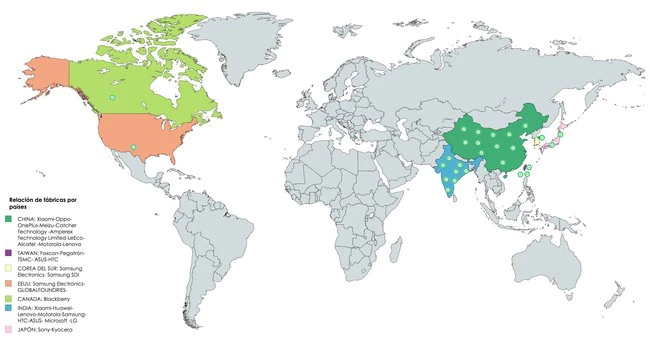 Cuántos países participan en la fabricación de los teléfonos inteligentes